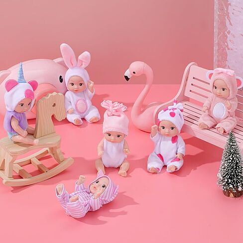 6PCS 4 Inch Realistic Open-Eye Baby Doll Playset - Mini Reborn Baby Dolls with Handmade Pink Clothes, Christmas Easter for Kids Age 3+ in Saudi Arabia