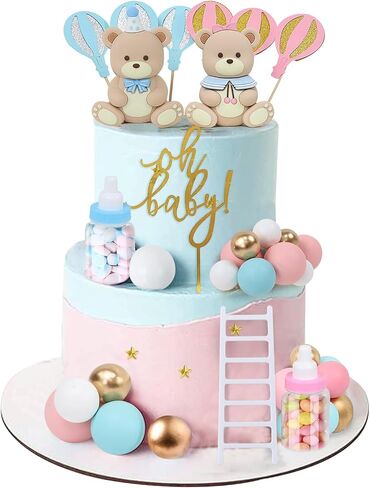 32PCS Bear Gender Reveal Cake Toppers - Mini 3D Blue Pink Bear Milk Bottle Gold Balls Oh Baby Cake Decorations for Boy or Girl He or She Gender Reveal Baby Shower Birthday Party in Saudi Arabia