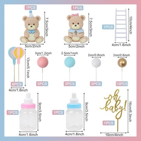 32PCS Bear Gender Reveal Cake Toppers - Mini 3D Blue Pink Bear Milk Bottle Gold Balls Oh Baby Cake Decorations for Boy or Girl He or She Gender Reveal Baby Shower Birthday Party in Saudi Arabia