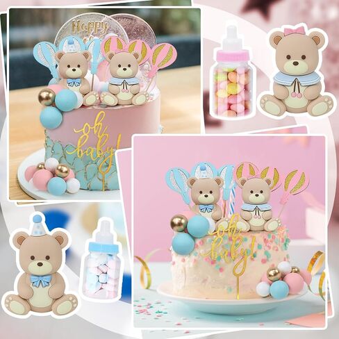 32PCS Bear Gender Reveal Cake Toppers - Mini 3D Blue Pink Bear Milk Bottle Gold Balls Oh Baby Cake Decorations for Boy or Girl He or She Gender Reveal Baby Shower Birthday Party in Saudi Arabia
