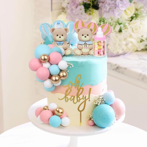 32PCS Bear Gender Reveal Cake Toppers - Mini 3D Blue Pink Bear Milk Bottle Gold Balls Oh Baby Cake Decorations for Boy or Girl He or She Gender Reveal Baby Shower Birthday Party in Saudi Arabia