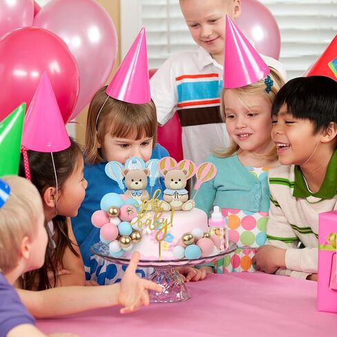 32PCS Bear Gender Reveal Cake Toppers - Mini 3D Blue Pink Bear Milk Bottle Gold Balls Oh Baby Cake Decorations for Boy or Girl He or She Gender Reveal Baby Shower Birthday Party in Saudi Arabia