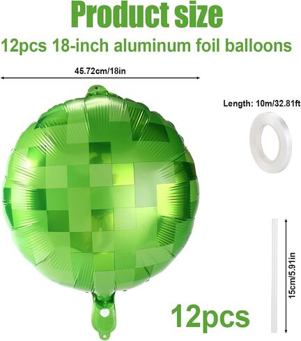 8pcs Pixel Balloons, 18 Inches Green Aluminum Film Balloons with Ribbon and Straw Pixel Theme Party Decorations for Boys Girls Party Supplies Celebrations in Saudi Arabia