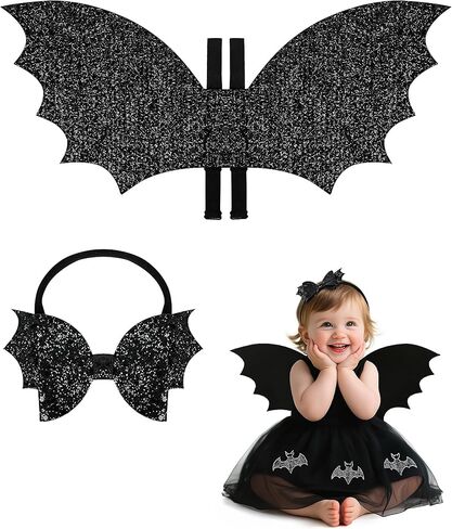 Kids Bat Wings and Bow Headband Set Halloween Cosplay Sparkling Black Bat Costume Suit for Baby in Kuwait