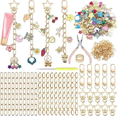 Lyukii 344pcs Diy Keychain Making Kit مع السحر ، 20 مقاطع مفتاحات 20 سلسلة موسع 100 مجوهرات سحر ، مجموعة مفاتيح شحوم الشفاه ، لوازم مجوهرات الحرف لصنع سلاسل المفاتيح الخاصة بك in Kuwait
