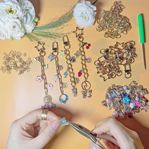 Lyukii 344pcs Diy Keychain Making Kit مع السحر ، 20 مقاطع مفتاحات 20 سلسلة موسع 100 مجوهرات سحر ، مجموعة مفاتيح شحوم الشفاه ، لوازم مجوهرات الحرف لصنع سلاسل المفاتيح الخاصة بك in Kuwait