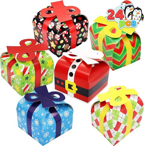JOYIN 24 PCS 3D Christmas Goodie Boxes with Bow for Holiday Xmas Goodie Paper Boxes, School Classroom Party Favor Supplies, Candy Treat Cardboard Cookie Boxes in Saudi Arabia