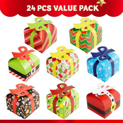 JOYIN 24 PCS 3D Christmas Goodie Boxes with Bow for Holiday Xmas Goodie Paper Boxes, School Classroom Party Favor Supplies, Candy Treat Cardboard Cookie Boxes in Saudi Arabia