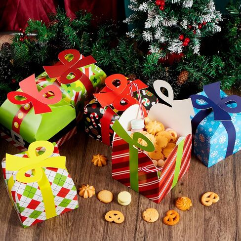 JOYIN 24 PCS 3D Christmas Goodie Boxes with Bow for Holiday Xmas Goodie Paper Boxes, School Classroom Party Favor Supplies, Candy Treat Cardboard Cookie Boxes in Saudi Arabia
