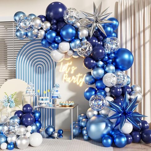 Blue White Silver Balloon Garland Arch Kit, 140Pcs Navy Light Metallic Blue Silver White Confetti Balloons With Stars for Birthday Wedding Birdal Shower Graduation Fathers Day Party Decorations in Saudi Arabia