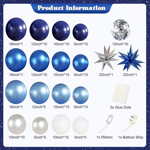 Blue White Silver Balloon Garland Arch Kit, 140Pcs Navy Light Metallic Blue Silver White Confetti Balloons With Stars for Birthday Wedding Birdal Shower Graduation Fathers Day Party Decorations in Saudi Arabia