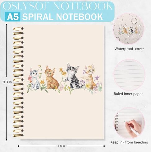 OSLYSOF Cute Floral Cat Spiral Notebook, Cat Lover Gifts Office Supplies, Cute Kitty Kitten Notebooks for Note Taking, Pet Lover Gifts Journal, 5.5x8.3 Inch with 164 Pages in Saudi Arabia