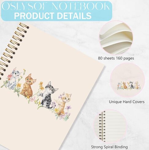 OSLYSOF Cute Floral Cat Spiral Notebook, Cat Lover Gifts Office Supplies, Cute Kitty Kitten Notebooks for Note Taking, Pet Lover Gifts Journal, 5.5x8.3 Inch with 164 Pages in Saudi Arabia