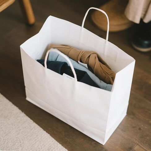 100Pcs 40 LB White Paper Gift Bags Bulk with Handles 10 x 5 x 13 Inch - Medium Size Kraft Goodie Bag, Blank Paper Bags for Shopping Retail, Birthdays, To Go, Small Business, Weddings, Parties, Lunch in Saudi Arabia