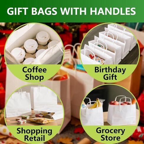 100Pcs 40 LB White Paper Gift Bags Bulk with Handles 10 x 5 x 13 Inch - Medium Size Kraft Goodie Bag, Blank Paper Bags for Shopping Retail, Birthdays, To Go, Small Business, Weddings, Parties, Lunch in Saudi Arabia