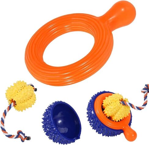 4 Pack Dog Chew Toy, Durable Flying Discs for Throwing Catching, 3-in-1 Dogs Toys, Indestructible Pet Chew Toy for Aggressive Chewer, Reduces Anxiety, Interactive Toys for Boredom Dog Teeth Cleaning in Kuwait