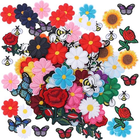 72 pcs زهرة الحديد على بقع ملونة الفراشة الحديد المطرزة على بقع للملابس خياطة تصحيح لطيف daisy زهرة النحل تصحيح لسترات الجينات الجينز سراويل القبعات على الظهر in Kuwait