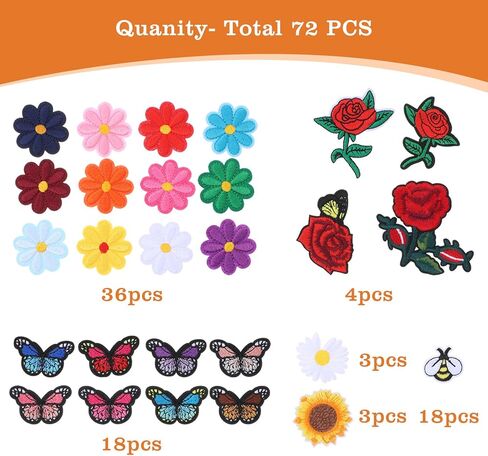 72 pcs زهرة الحديد على بقع ملونة الفراشة الحديد المطرزة على بقع للملابس خياطة تصحيح لطيف daisy زهرة النحل تصحيح لسترات الجينات الجينز سراويل القبعات على الظهر in Kuwait