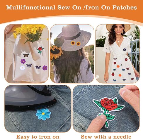 72 pcs زهرة الحديد على بقع ملونة الفراشة الحديد المطرزة على بقع للملابس خياطة تصحيح لطيف daisy زهرة النحل تصحيح لسترات الجينات الجينز سراويل القبعات على الظهر in Kuwait