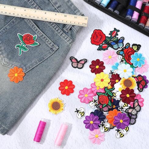 72 pcs زهرة الحديد على بقع ملونة الفراشة الحديد المطرزة على بقع للملابس خياطة تصحيح لطيف daisy زهرة النحل تصحيح لسترات الجينات الجينز سراويل القبعات على الظهر in Kuwait