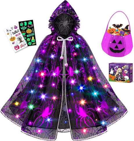 Jeowoqao Halloween Costumes for Girls, Light up Witch Cape Halloweens Dress up with Trick or Treat Bag for Girl 3 4 5 6 in Kuwait