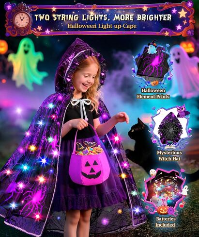 Jeowoqao Halloween Costumes for Girls, Light up Witch Cape Halloweens Dress up with Trick or Treat Bag for Girl 3 4 5 6 in Kuwait