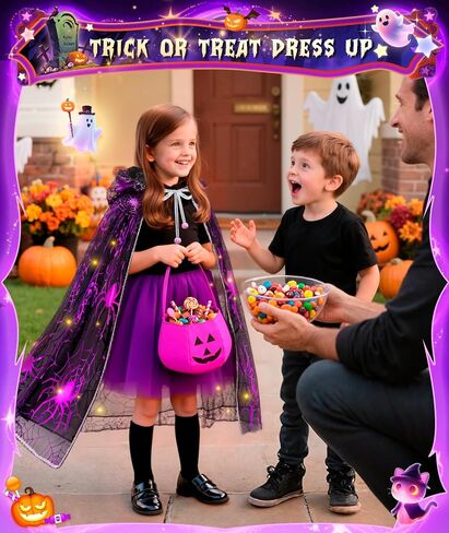 Jeowoqao Halloween Costumes for Girls, Light up Witch Cape Halloweens Dress up with Trick or Treat Bag for Girl 3 4 5 6 in Kuwait