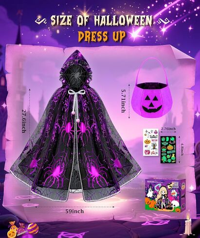 Jeowoqao Halloween Costumes for Girls, Light up Witch Cape Halloweens Dress up with Trick or Treat Bag for Girl 3 4 5 6 in Kuwait
