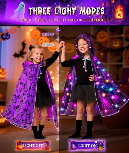 Jeowoqao Halloween Costumes for Girls, Light up Witch Cape Halloweens Dress up with Trick or Treat Bag for Girl 3 4 5 6 in Kuwait