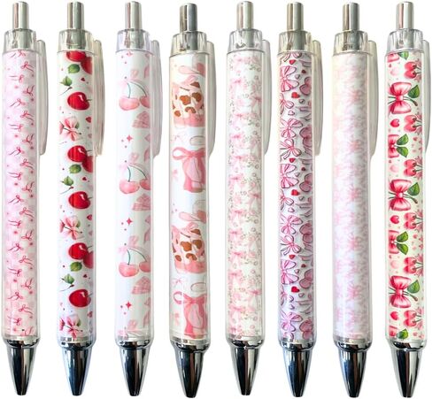 Coquette Pens 8pc مجموعة القرطاسية الوردية لوازم المكاتب المدرسية الإمدادات المدرسية اللطيفة هلام جمالية قلم فاخرة القوس الجميل كرز ديكور عيد ميلاد غريلي غرفة ديكور الشريط. in Saudi Arabia