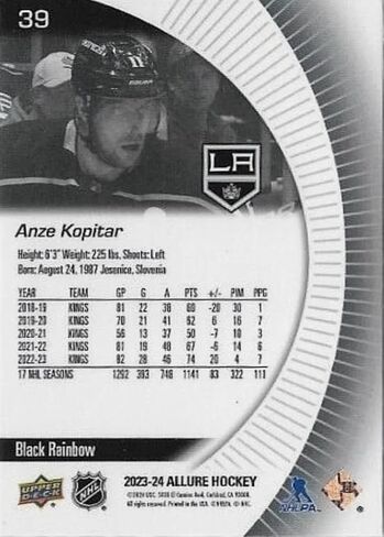 2023-24 Upper Deck Allure Black Rainbow Anze Kopitar Kings Card #39 in Saudi Arabia