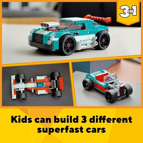 Lego Creator 3 in 1 Street Racer Car ، تتحول مجموعة Rebuildable إلى سيارة عضلية أو قضيب ساخن أو لعبة سباق سيارة ، هدية رائعة للسيارة للبنين والبنات الذين تتراوح أعمارهم بين 7 سنوات ، 31127 in Saudi Arabia