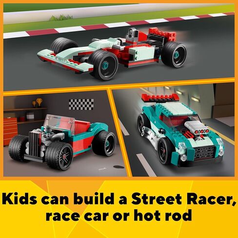Lego Creator 3 in 1 Street Racer Car ، تتحول مجموعة Rebuildable إلى سيارة عضلية أو قضيب ساخن أو لعبة سباق سيارة ، هدية رائعة للسيارة للبنين والبنات الذين تتراوح أعمارهم بين 7 سنوات ، 31127 in Saudi Arabia