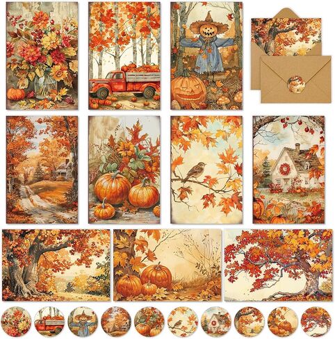 50 Pack Fall Cards Boxed Truck Pumpkin Leaves Greeting Cards with Envelopes Stickers Glue Stick Autumn Blank Note Card for Thanksgiving Harvest Party Supplies, 4 x 6 Inch in Saudi Arabia