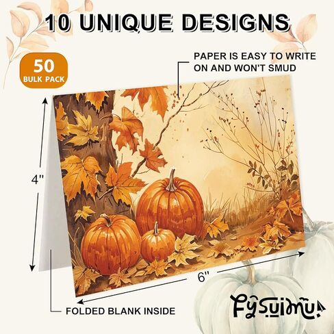 50 Pack Fall Cards Boxed Truck Pumpkin Leaves Greeting Cards with Envelopes Stickers Glue Stick Autumn Blank Note Card for Thanksgiving Harvest Party Supplies, 4 x 6 Inch in Saudi Arabia