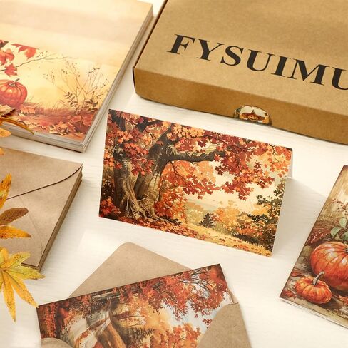 50 Pack Fall Cards Boxed Truck Pumpkin Leaves Greeting Cards with Envelopes Stickers Glue Stick Autumn Blank Note Card for Thanksgiving Harvest Party Supplies, 4 x 6 Inch in Saudi Arabia