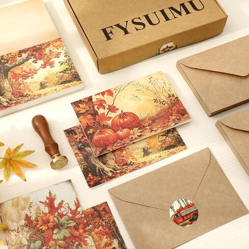 50 Pack Fall Cards Boxed Truck Pumpkin Leaves Greeting Cards with Envelopes Stickers Glue Stick Autumn Blank Note Card for Thanksgiving Harvest Party Supplies, 4 x 6 Inch in Saudi Arabia