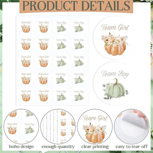 Honoson 100 Pcs Boho Pumpkin Gender Reveal Stickers 2 Inches Orange Green Team Boy or Girl Baby Shower Labels Sticker He or She Paper Decals for Baby Shower Gender Reveal Party Supplies in Saudi Arabia