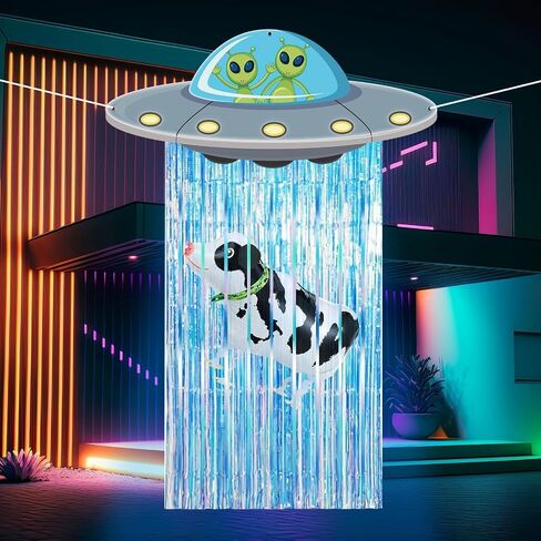 Alien Door Curtains with Tinsel Foil Fringe Curtain Cow Balloon Alien Spacecraft Party Decorations UFO Spacecraft Birthday Decorations Flying Saucer Spaceship Hanging Banner for Space Halloween Party in Saudi Arabia