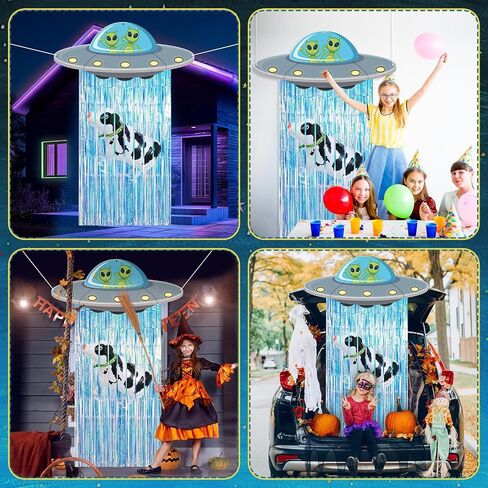 Alien Door Curtains with Tinsel Foil Fringe Curtain Cow Balloon Alien Spacecraft Party Decorations UFO Spacecraft Birthday Decorations Flying Saucer Spaceship Hanging Banner for Space Halloween Party in Saudi Arabia