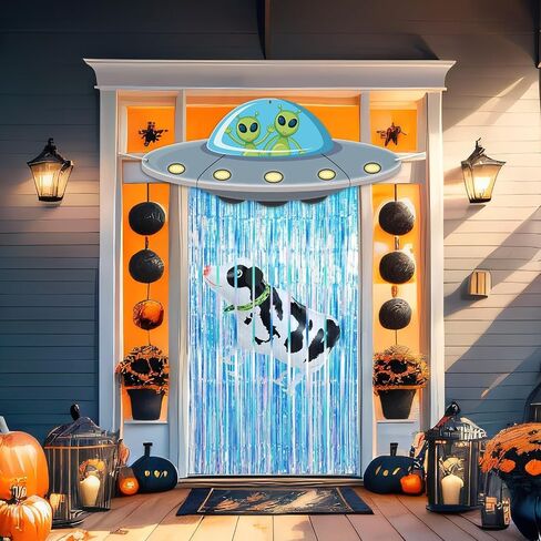 Alien Door Curtains with Tinsel Foil Fringe Curtain Cow Balloon Alien Spacecraft Party Decorations UFO Spacecraft Birthday Decorations Flying Saucer Spaceship Hanging Banner for Space Halloween Party in Saudi Arabia