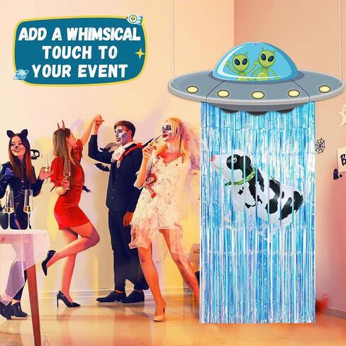 Alien Door Curtains with Tinsel Foil Fringe Curtain Cow Balloon Alien Spacecraft Party Decorations UFO Spacecraft Birthday Decorations Flying Saucer Spaceship Hanging Banner for Space Halloween Party in Saudi Arabia