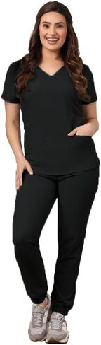 Green Town Scrubs for Women Scrub Set - Jogger Pant and V-Neck Top, 6 Pockets, Easy Care Uniforms-Black-X-Small Tall in Saudi Arabia