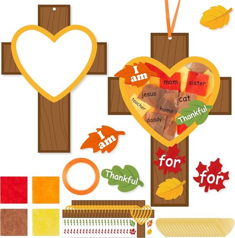 Watinc Fall Cross Suncatchers Craft - DIY عيد الشكر ديني شكر الأنسجة الشاكرين مجموعة زخرفة معلقة ، اصنع أنشطة متعة كريستيان مسيحية إبداعية للفصول الدراسية للمدرسة (24 ٪) in Saudi Arabia