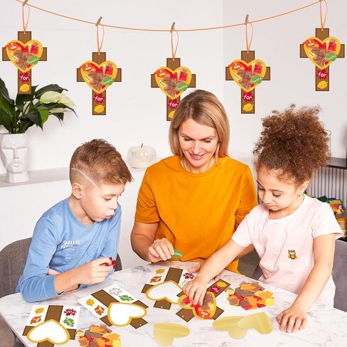 Watinc Fall Cross Suncatchers Craft - DIY عيد الشكر ديني شكر الأنسجة الشاكرين مجموعة زخرفة معلقة ، اصنع أنشطة متعة كريستيان مسيحية إبداعية للفصول الدراسية للمدرسة (24 ٪) in Saudi Arabia