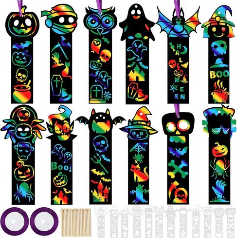 120 Pcs Halloween Scratch Bookmarks Art Craft Scratch Paper Bulk Magic Bookmarks with Drawing Stencils Pumpkin Bat Spider DIY Craft Kit for Halloween Party Supplies in Saudi Arabia