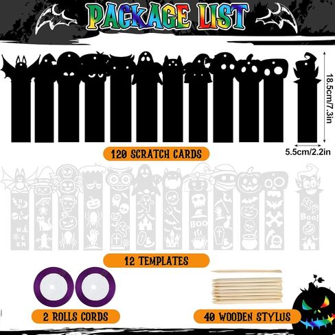 120 Pcs Halloween Scratch Bookmarks Art Craft Scratch Paper Bulk Magic Bookmarks with Drawing Stencils Pumpkin Bat Spider DIY Craft Kit for Halloween Party Supplies in Saudi Arabia