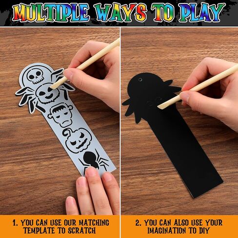 120 Pcs Halloween Scratch Bookmarks Art Craft Scratch Paper Bulk Magic Bookmarks with Drawing Stencils Pumpkin Bat Spider DIY Craft Kit for Halloween Party Supplies in Saudi Arabia