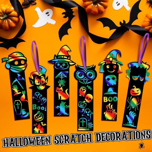 120 Pcs Halloween Scratch Bookmarks Art Craft Scratch Paper Bulk Magic Bookmarks with Drawing Stencils Pumpkin Bat Spider DIY Craft Kit for Halloween Party Supplies in Saudi Arabia