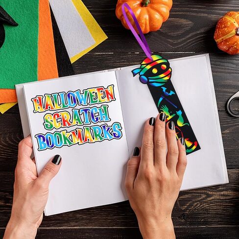 120 Pcs Halloween Scratch Bookmarks Art Craft Scratch Paper Bulk Magic Bookmarks with Drawing Stencils Pumpkin Bat Spider DIY Craft Kit for Halloween Party Supplies in Saudi Arabia